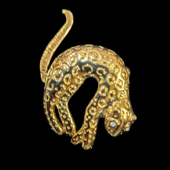 Gold-Tone Leopard Brooch With Rhinestone Eyes   Articulated Tail - Picture 1 of 6
